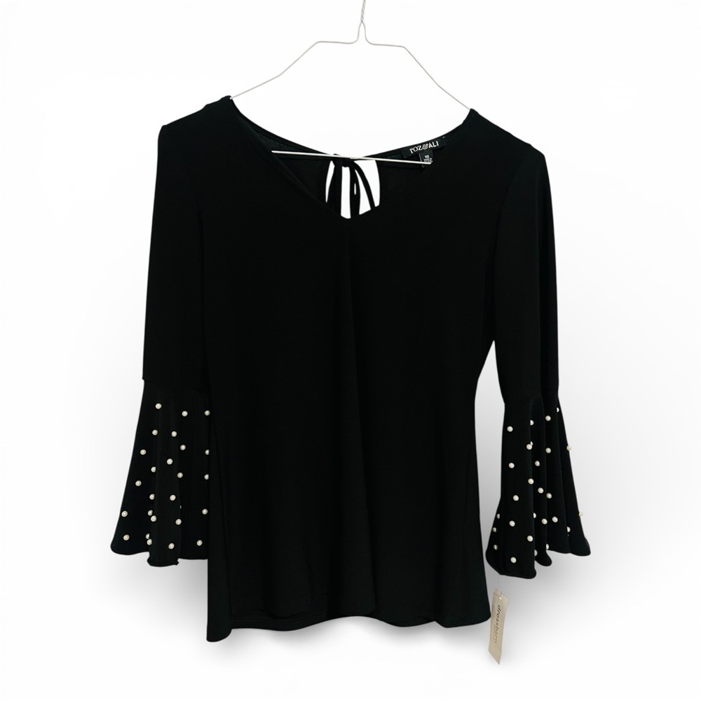 Roz & Ali Black Top with Pearl Bell Sleeves